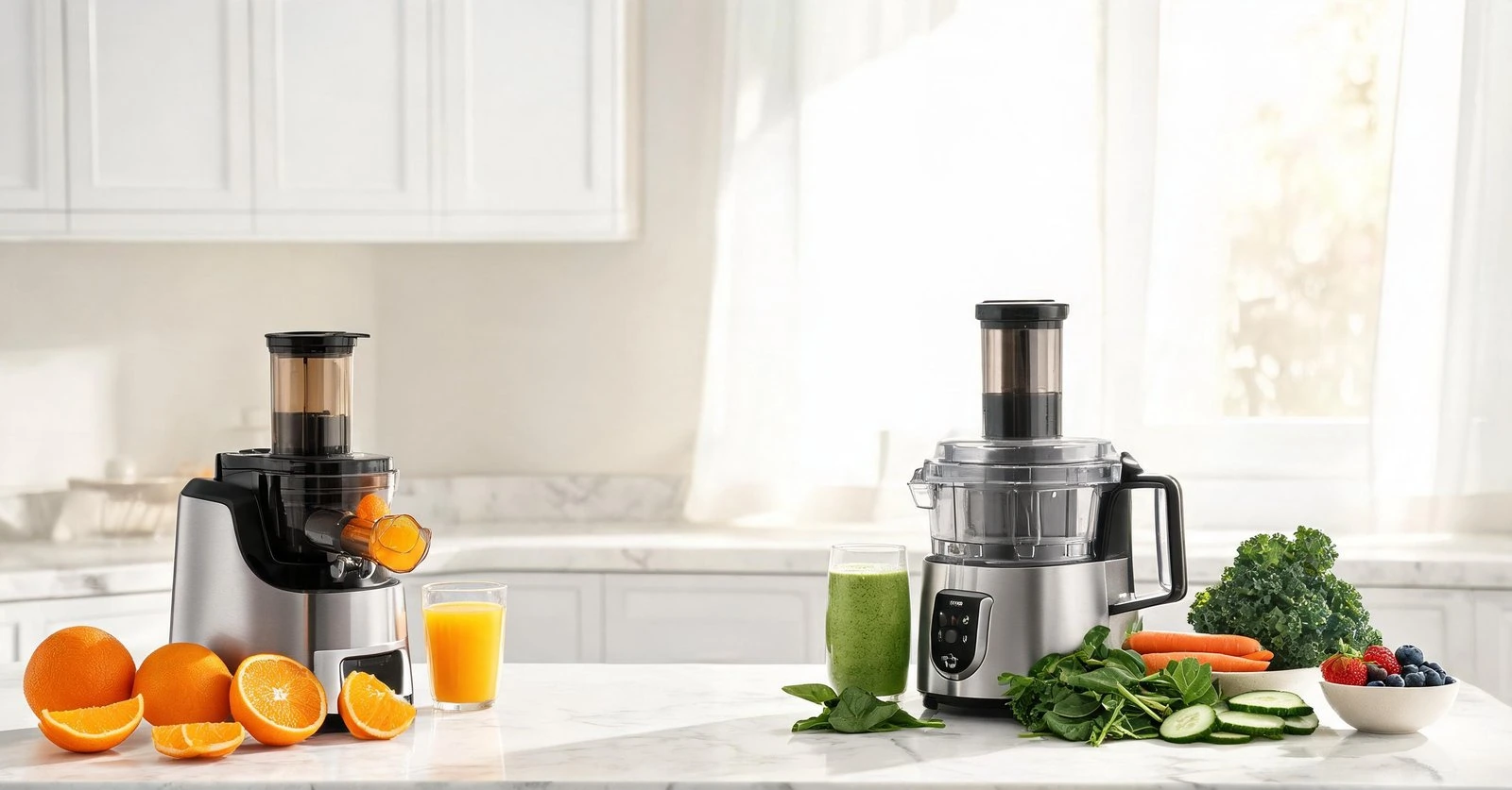 Two modern kitchen juicers with fresh fruits and vegetables on a white countertop.