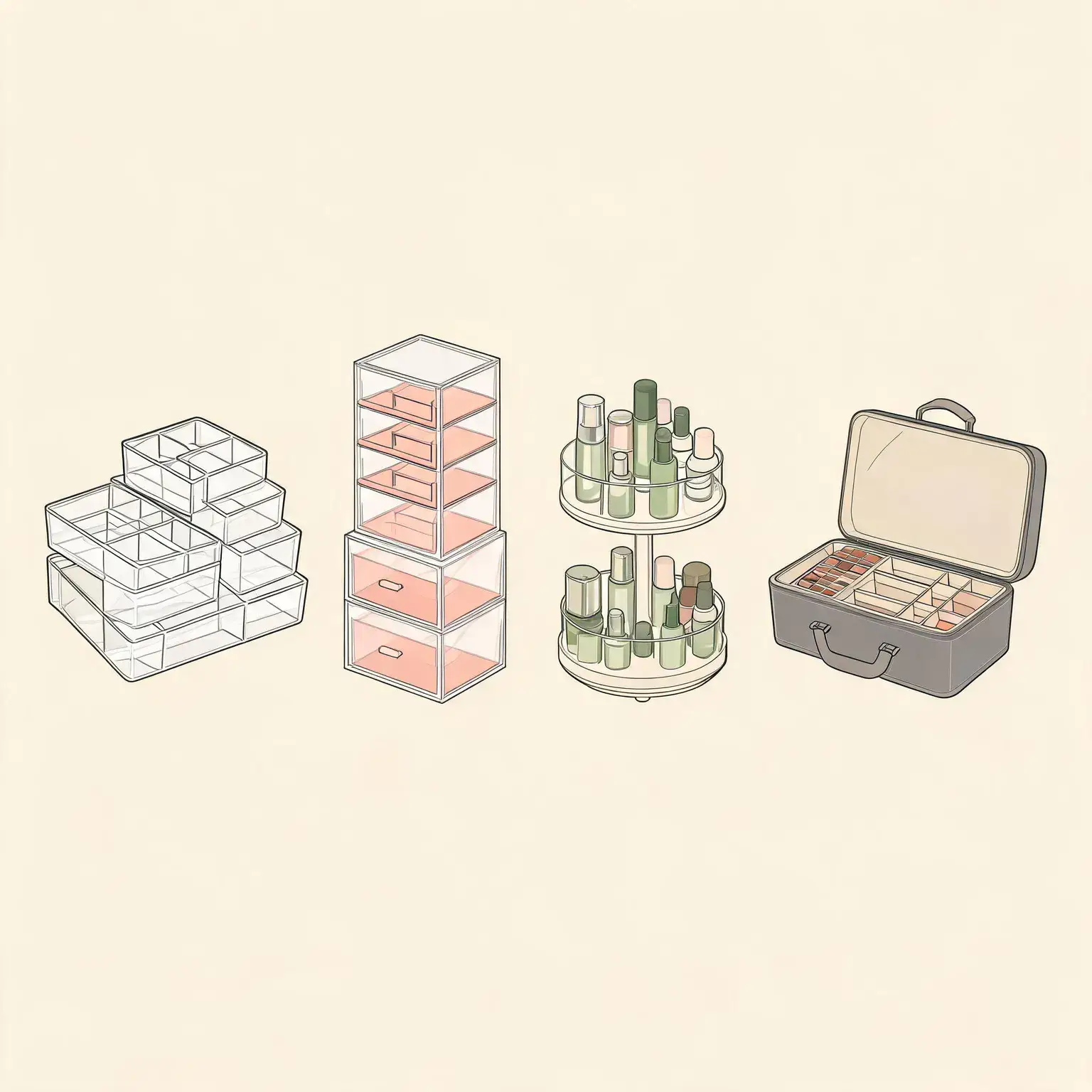 Four makeup organizer styles compared side by side: a set of stackable clear drawer trays arranged as a modular in-drawer system, a tall acrylic cosmetics tower with multiple small drawers, a two-tier circular rotating carousel holding bottles and jars, and a travel makeup train case with an open lid showing divided compartments