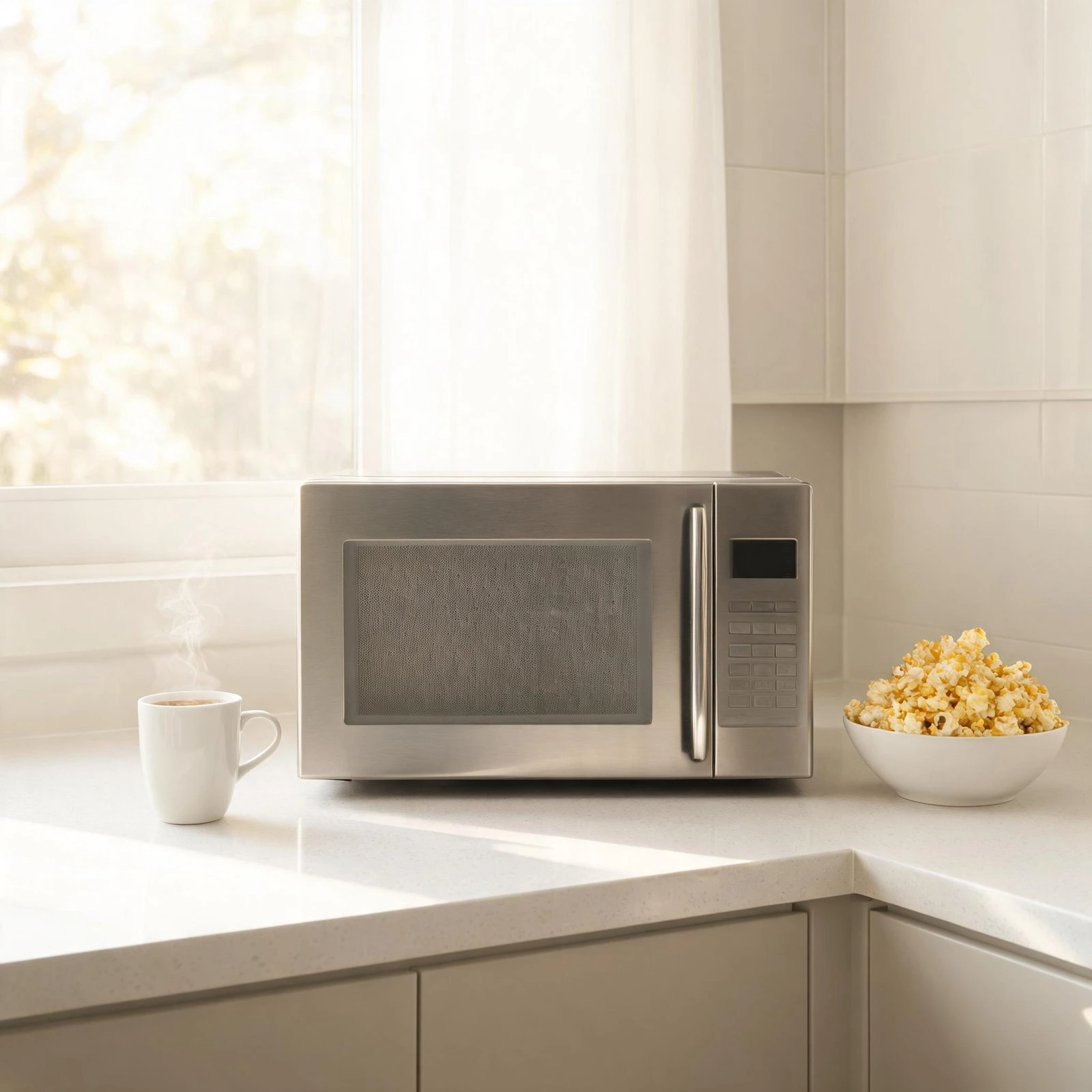 Modern microwave oven on kitchen counter with popcorn and coffee mug.