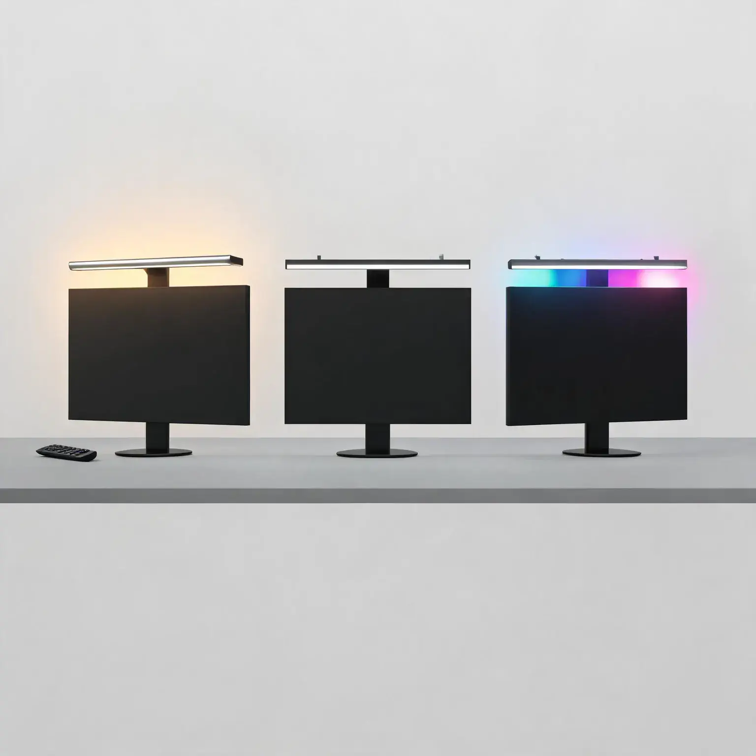 Three monitor light bar styles compared side by side: a premium wireless-controller bar with warm ambient glow, a classic slim touch-control bar, and an RGB gaming bar with colorful backlight strips