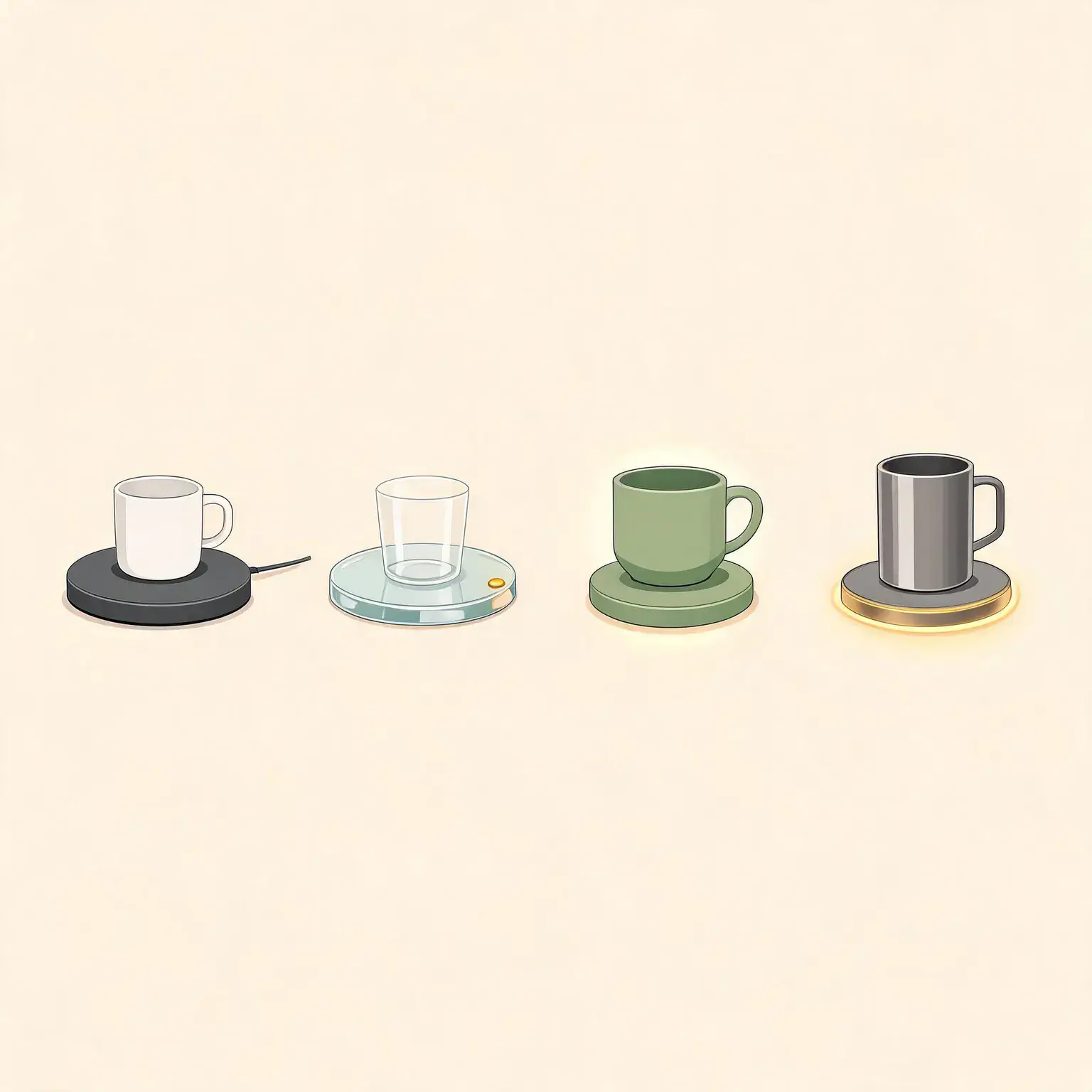 Four coffee mug warmer formats compared side by side: a plain white ceramic mug on a simple round black warming plate with a power cord, a clear glass cup on a glass-top gravity-induction warmer with a small indicator light, a short sage-green ceramic self-heating mug resting on its matching glowing charging pad, and a stainless steel smart temperature-control mug standing on a charging coaster with a bright glowing ring