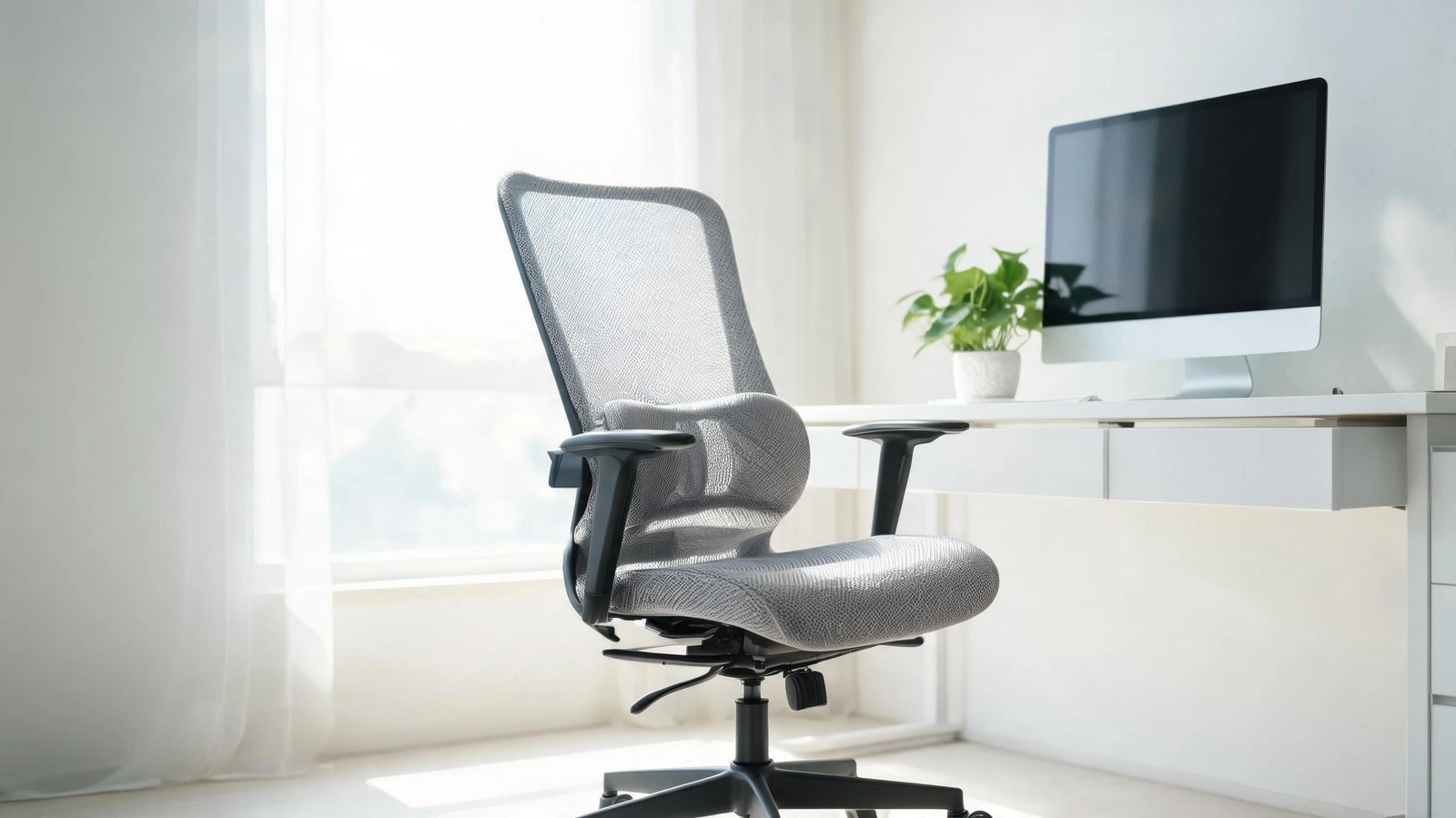 Modern ergonomic office chair and computer desk in bright workspace.
