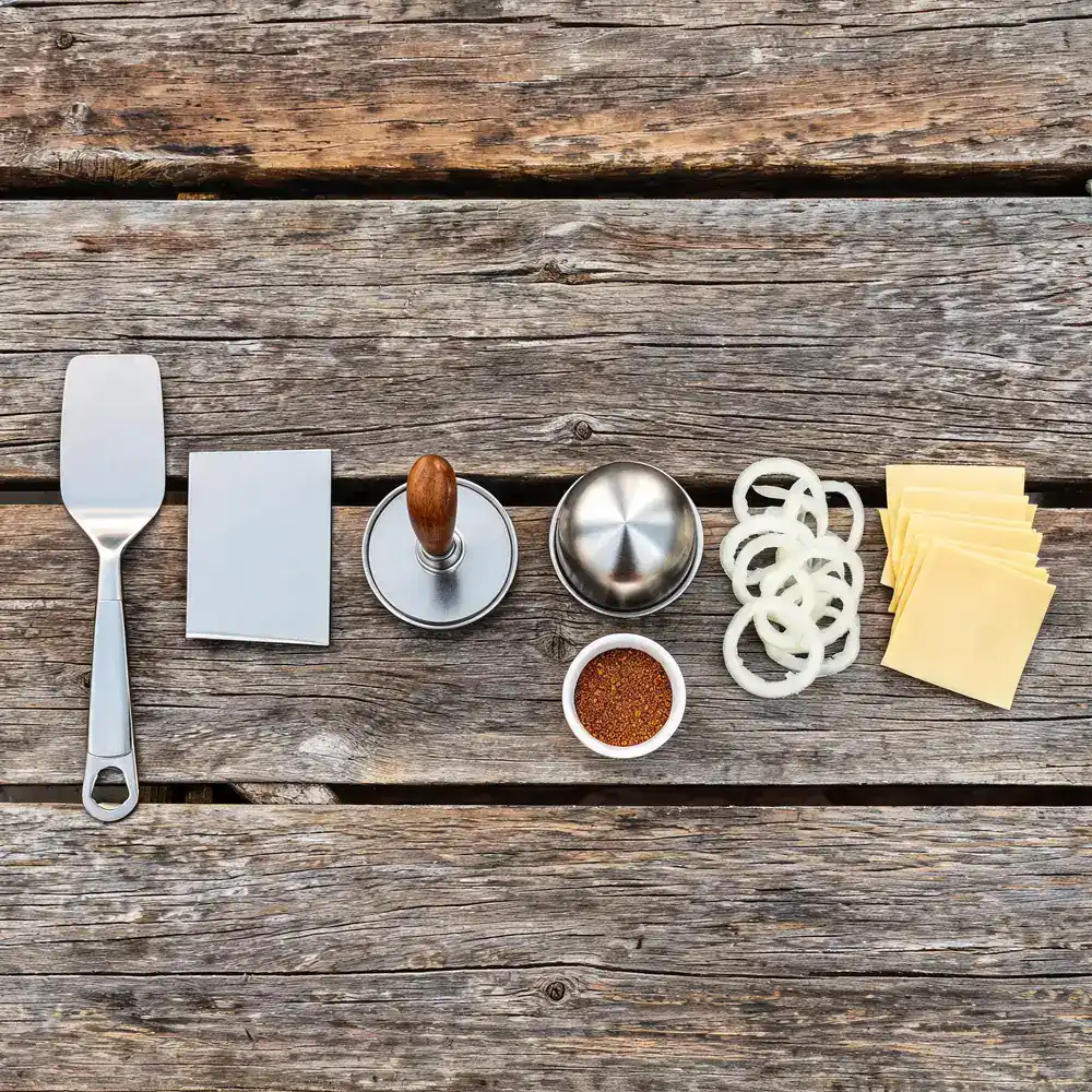 Outdoor griddle tools flat lay: long stainless steel spatula, bench scraper, burger smasher press, domed basting cover, seasoning bowl, sliced onions and cheese slices on weathered wood