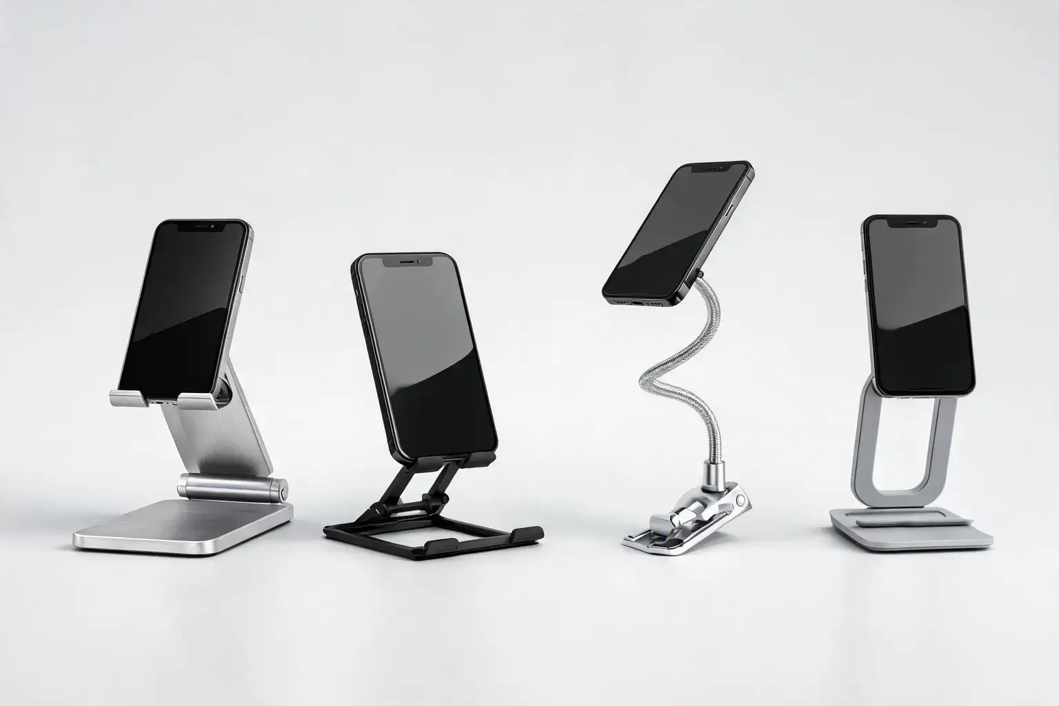 Four phone stand types compared on light gray background: fixed aluminum adjustable-angle stand, slim black foldable travel stand, flexible silver gooseneck clamp arm, and small U-shaped plastic cradle dock, each holding a smartphone