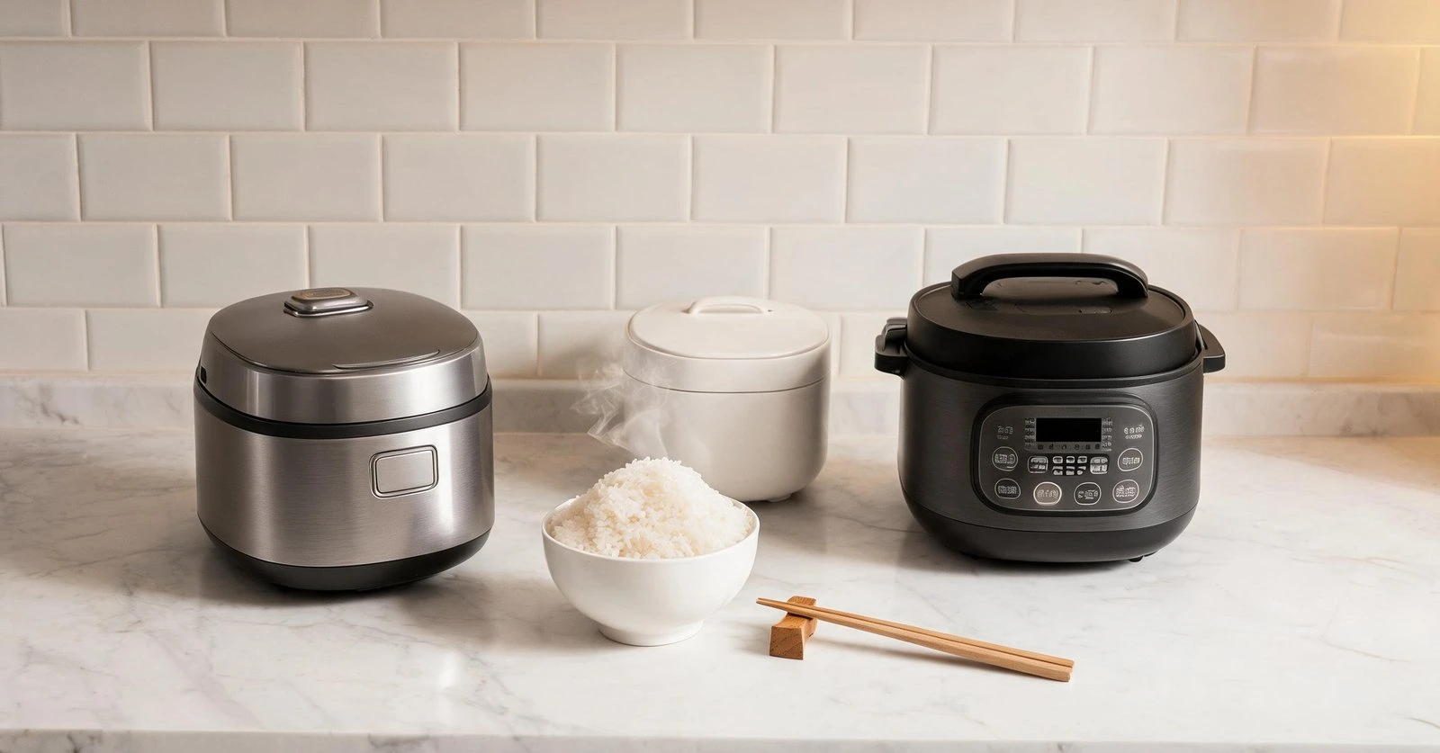 Modern rice cookers and rice bowl on kitchen countertop.
