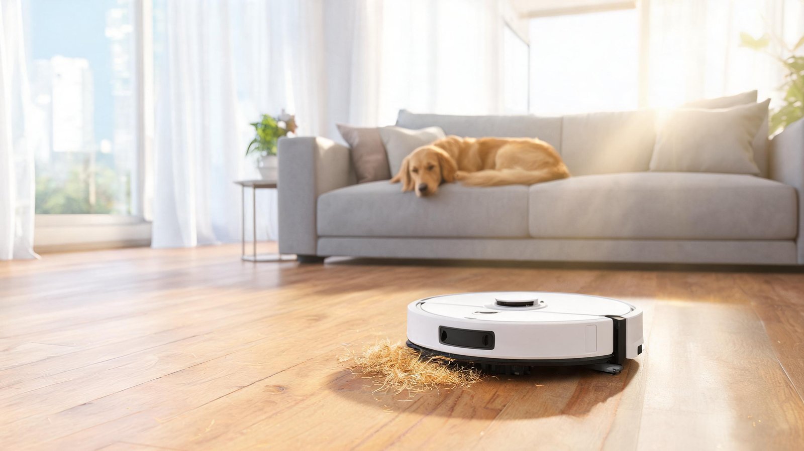 Robotic vacuum cleaning hardwood floor in bright living room with dog.