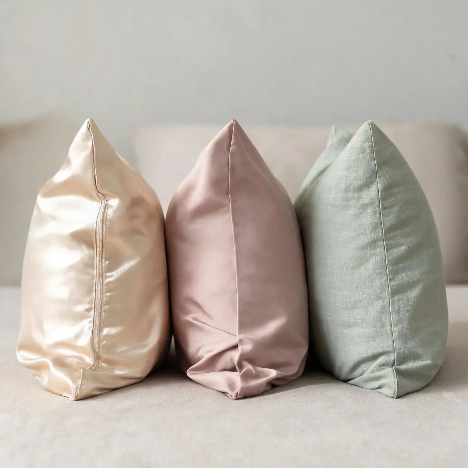 Silk versus satin versus cotton pillowcases compared: a glossy champagne silk pillowcase with a hidden zipper, a dusty-rose satin pillowcase with a softer glow, and a sage cotton percale pillowcase with a matte woven texture