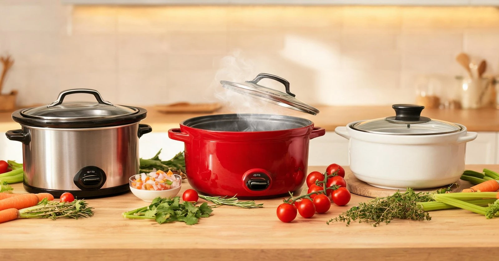 Three slow cookers on a kitchen counter with vegetables and herbs.