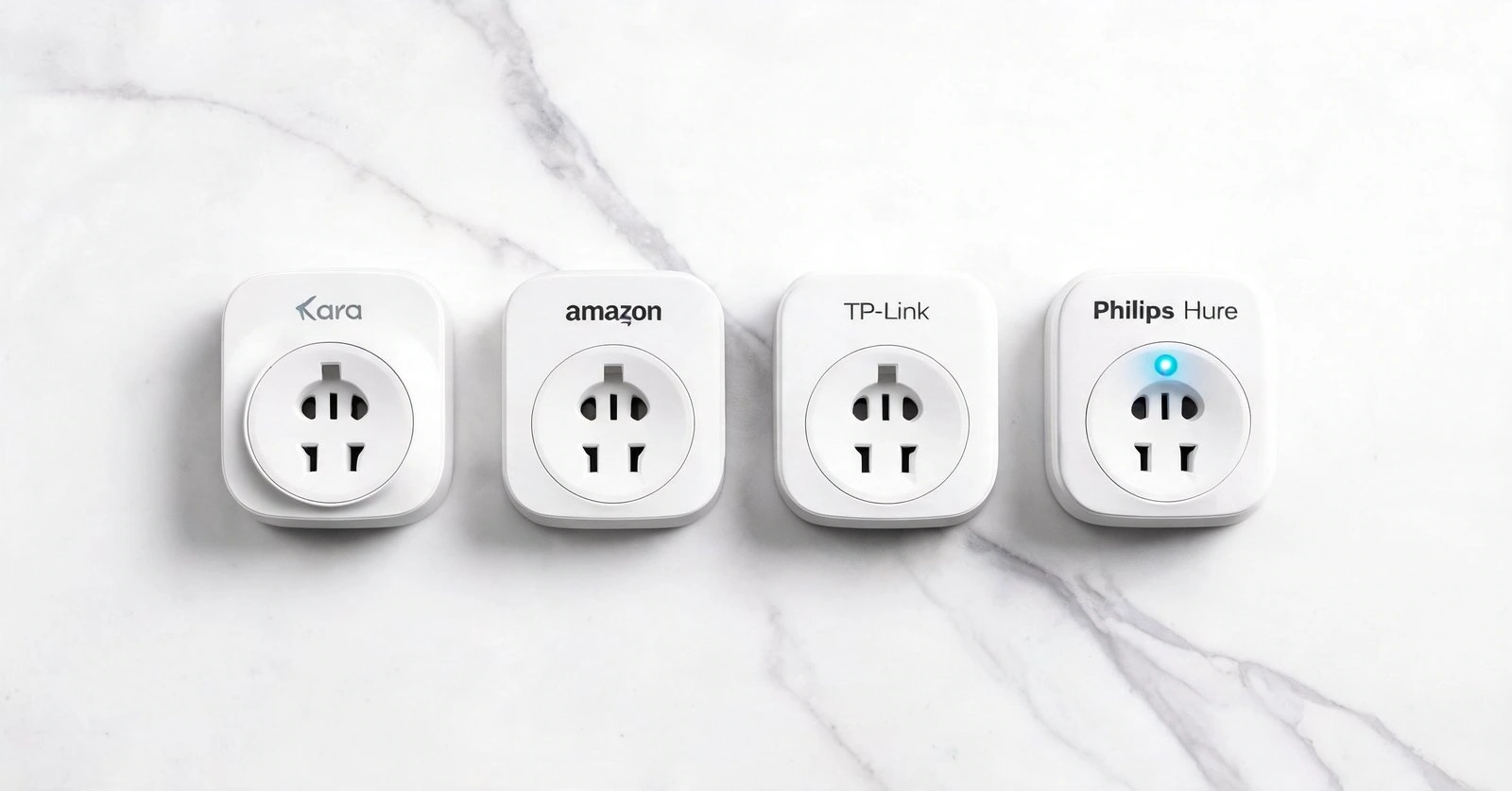 Smart Wi-Fi plugs from Kara, Amazon, TP-Link, and Philips Hure on marble surface.
