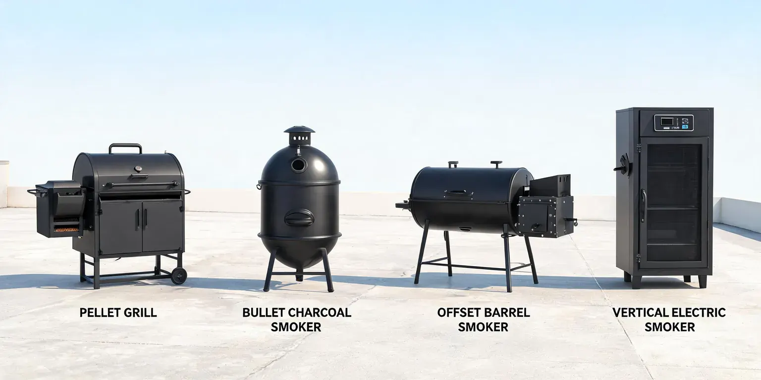 Smoker types compared: pellet grill with hopper, bullet charcoal water smoker, offset smoker with side firebox and vertical electric smoker