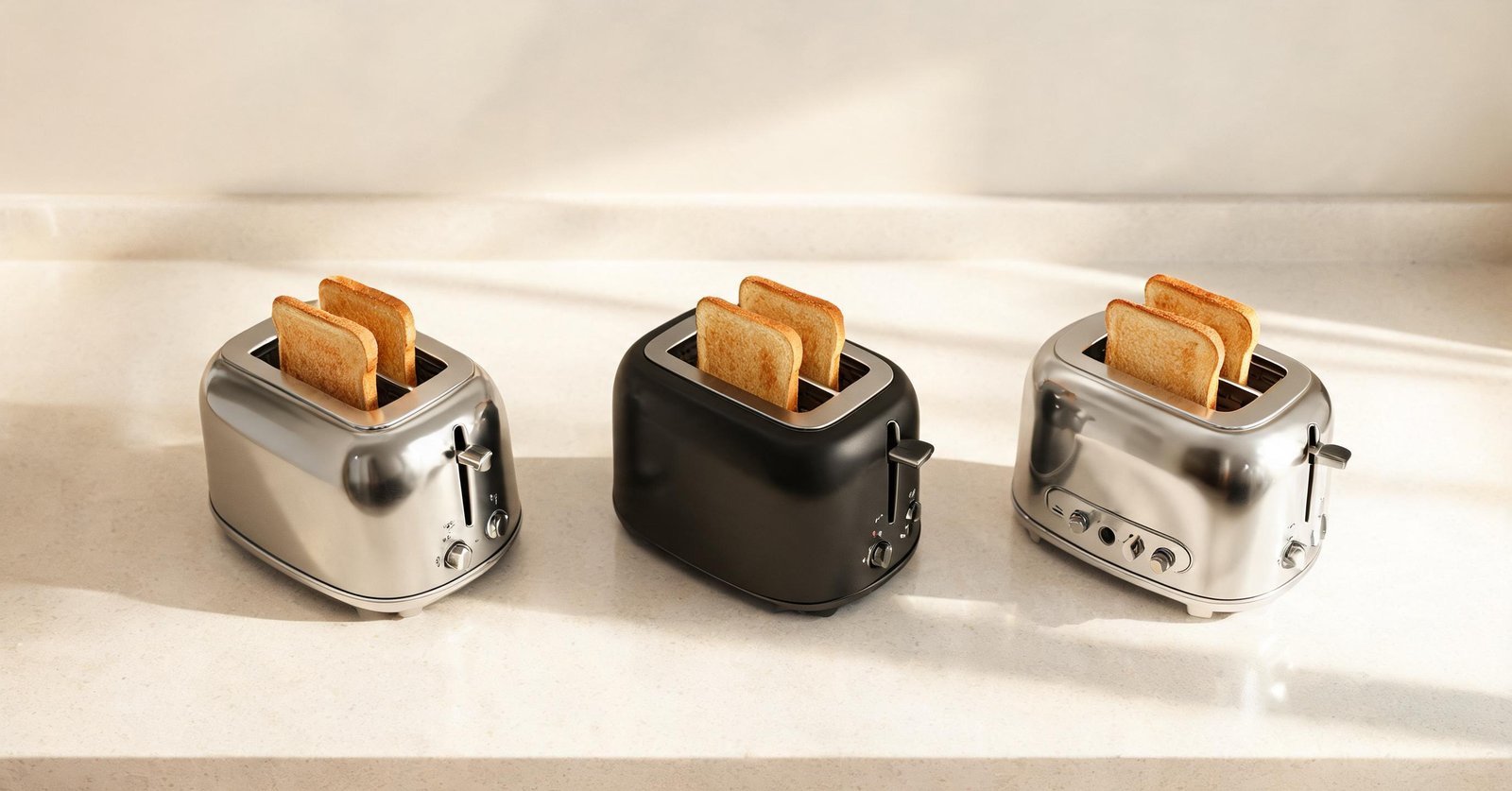 Three modern toasters with bread slices on a kitchen counter.