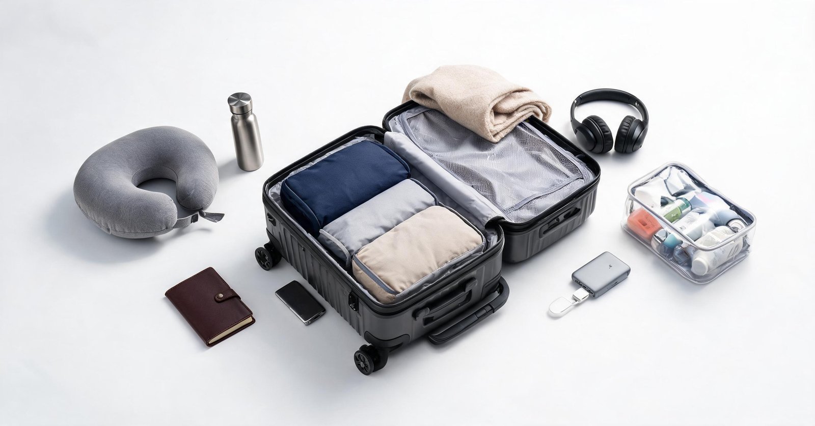 Travel essentials packed in a suitcase with accessories on a white background.