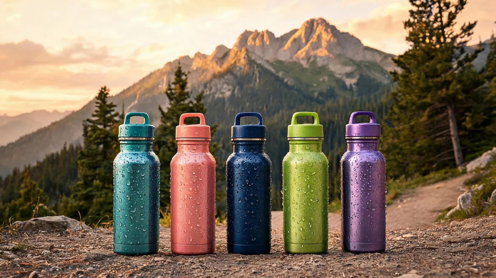 Set of five colorful stainless steel water bottles on mountain trail.