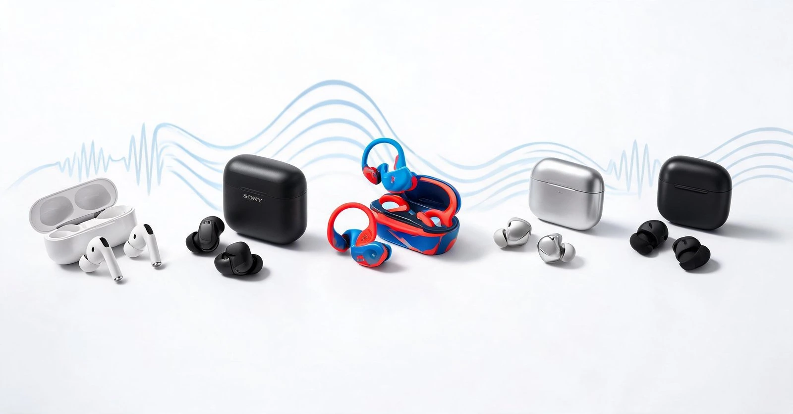 Wireless earbuds and charging cases in various colors on a white background.
