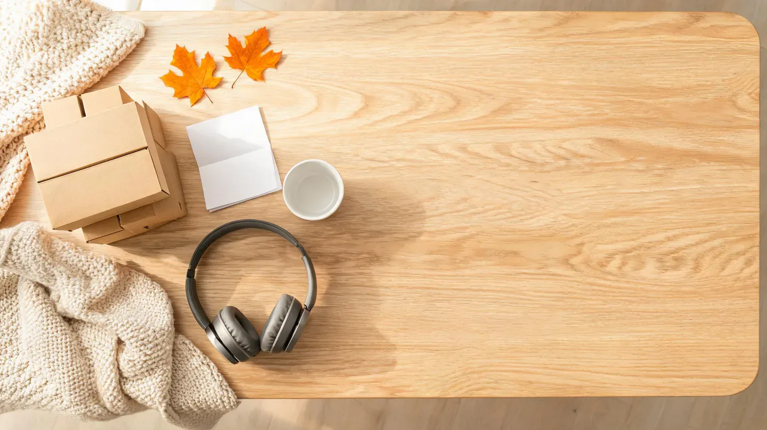 Clean wooden desk with headphones, gifts, and autumn leaves for a cozy workspace.
