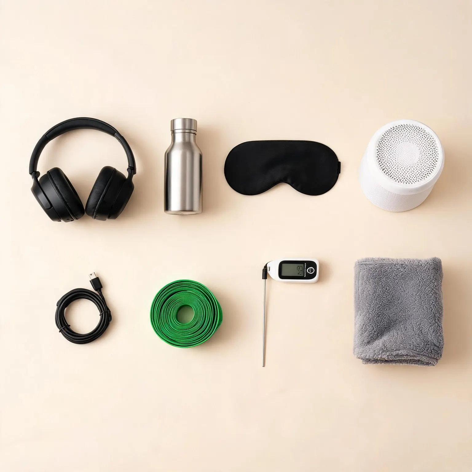 Collection of travel and fitness accessories including headphones, water bottle, sleep mask, speaker.