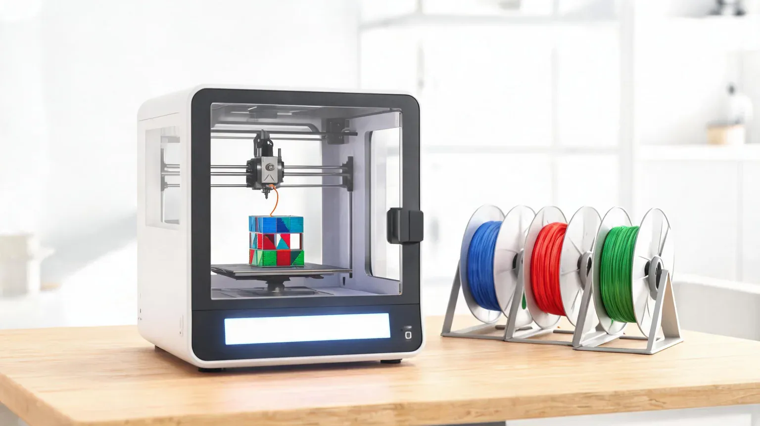 best 3D printers 2026 - a modern enclosed desktop 3D printer mid-print on a bright workbench with filament spools beside it