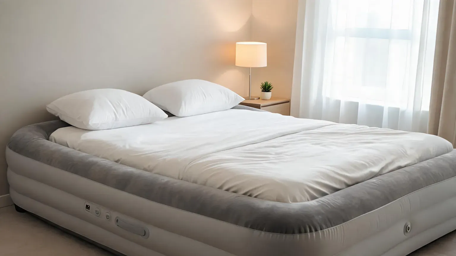 Modern bed with white bedding and pillows in a bright bedroom.