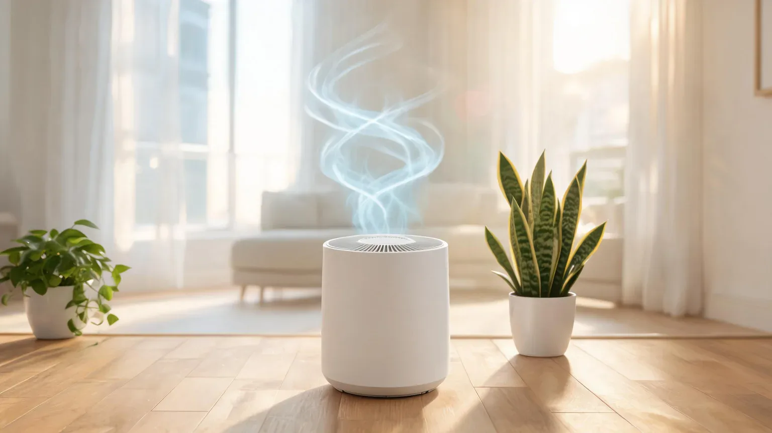 Best air purifiers of 2026 - a white HEPA air purifier cleaning the air in a bright living room with green plants