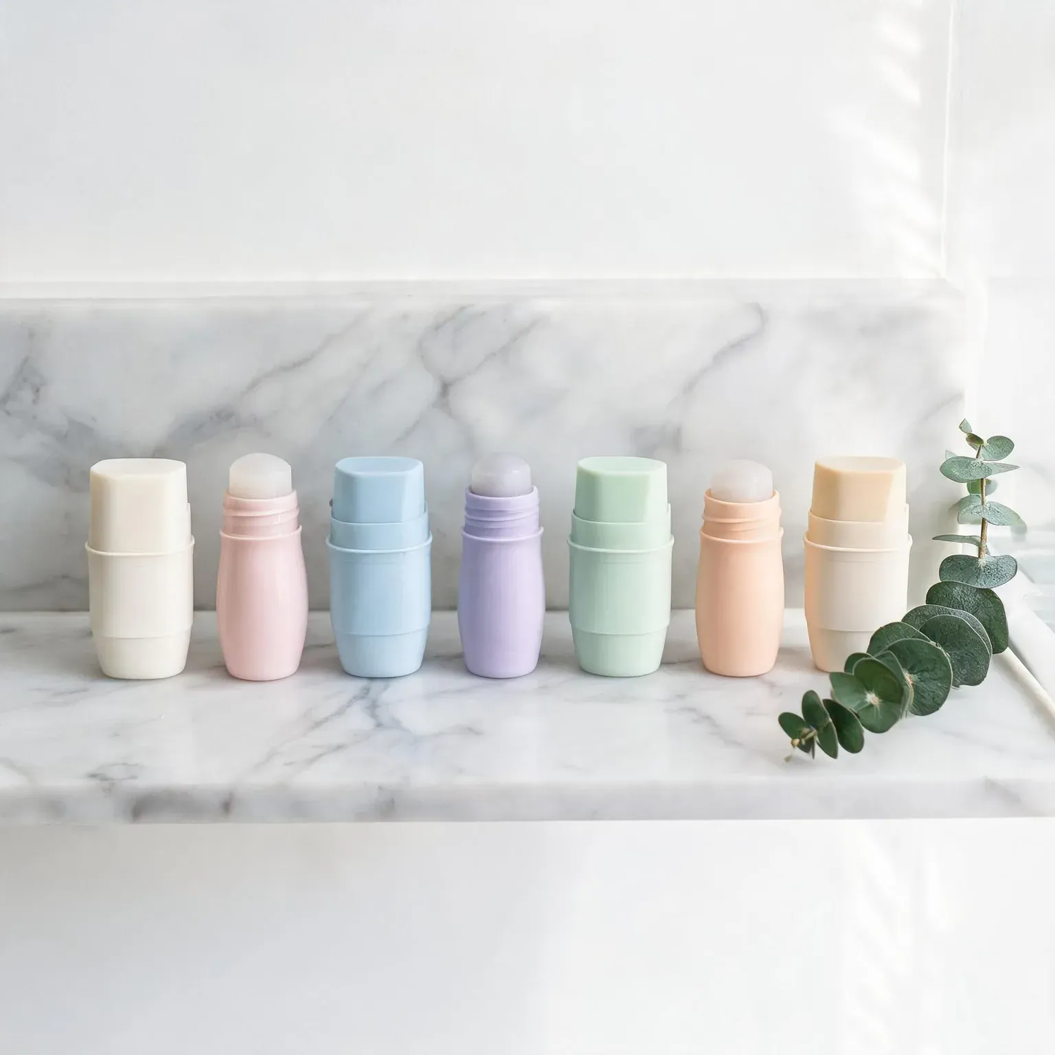 Set of pastel-colored stackable cosmetic containers on marble surface.