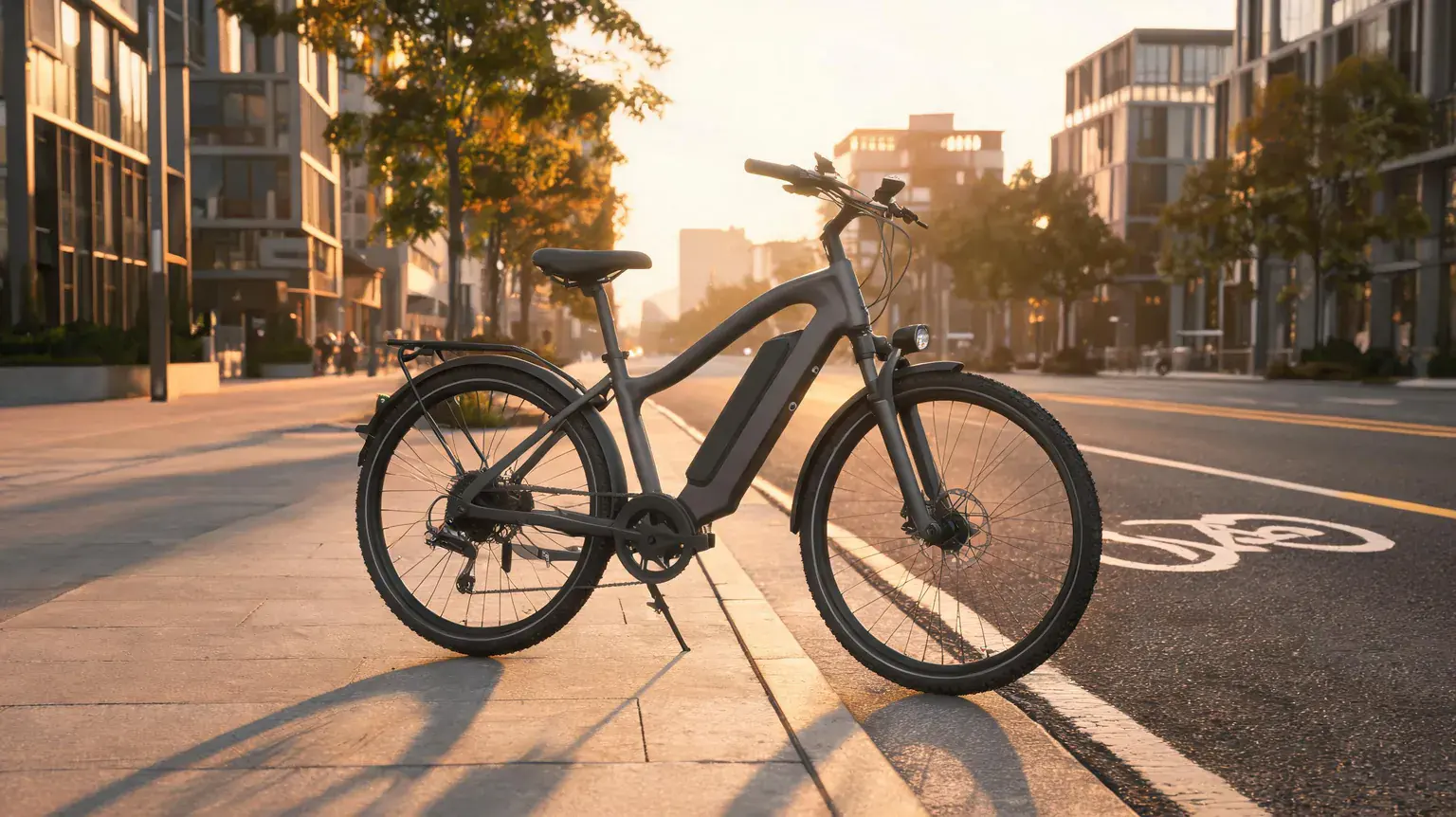 Electric bicycle parked on city street during sunset with modern buildings around.