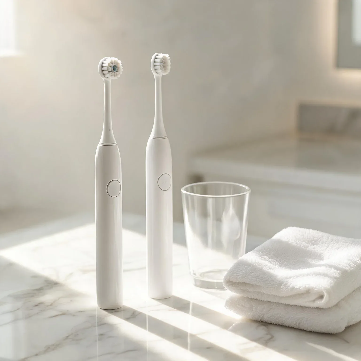 Best electric toothbrushes of 2026 - two rechargeable electric toothbrushes standing on a white bathroom counter beside a glass tumbler and a folded towel