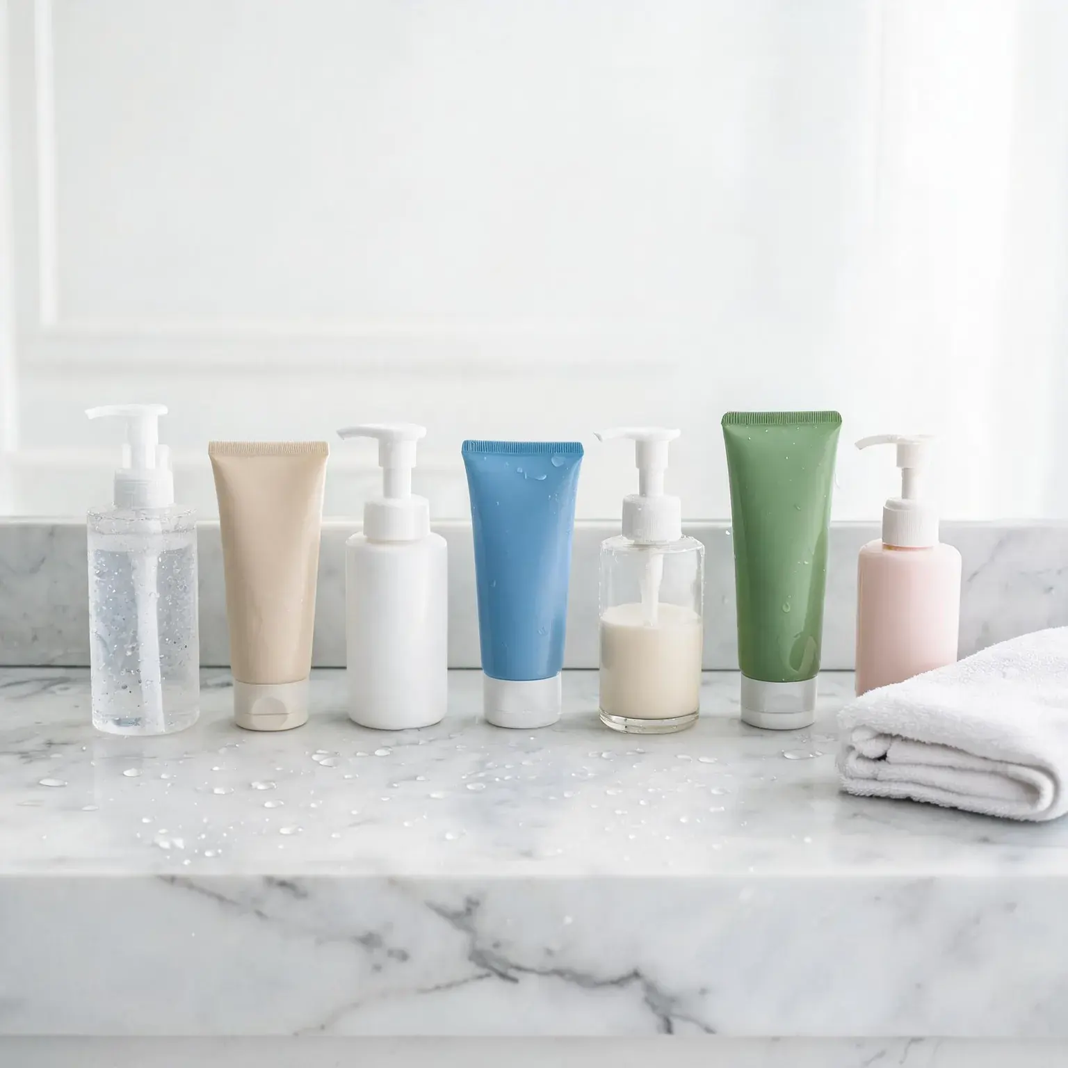 Best face cleansers of 2026, a cream, gel, and foaming face wash arranged on a marble bathroom counter