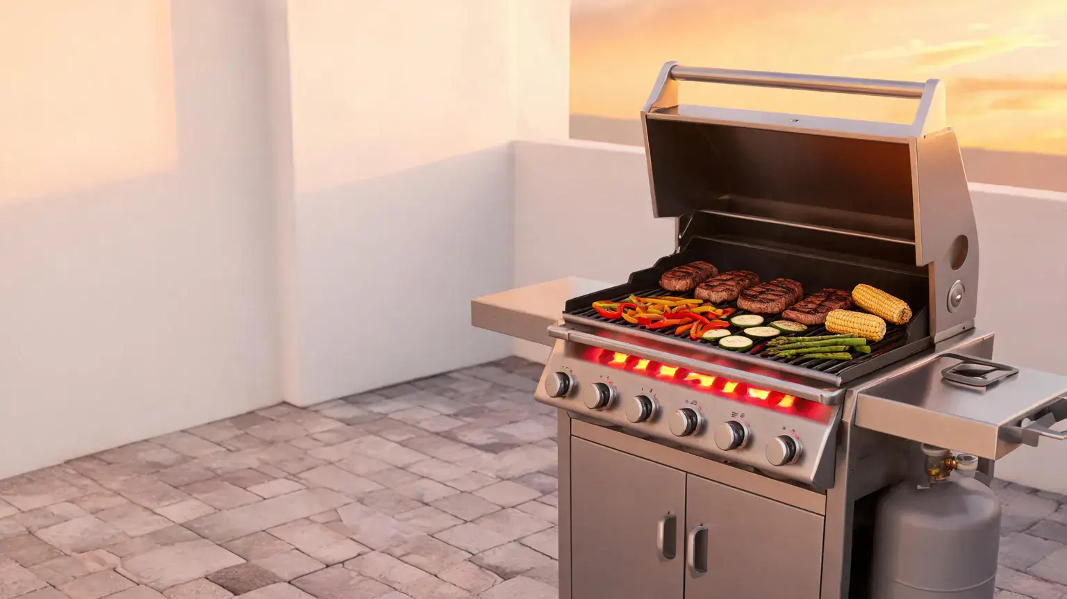 Best gas grills of 2026 — a stainless steel propane grill with the hood open searing food on a backyard patio at golden hour