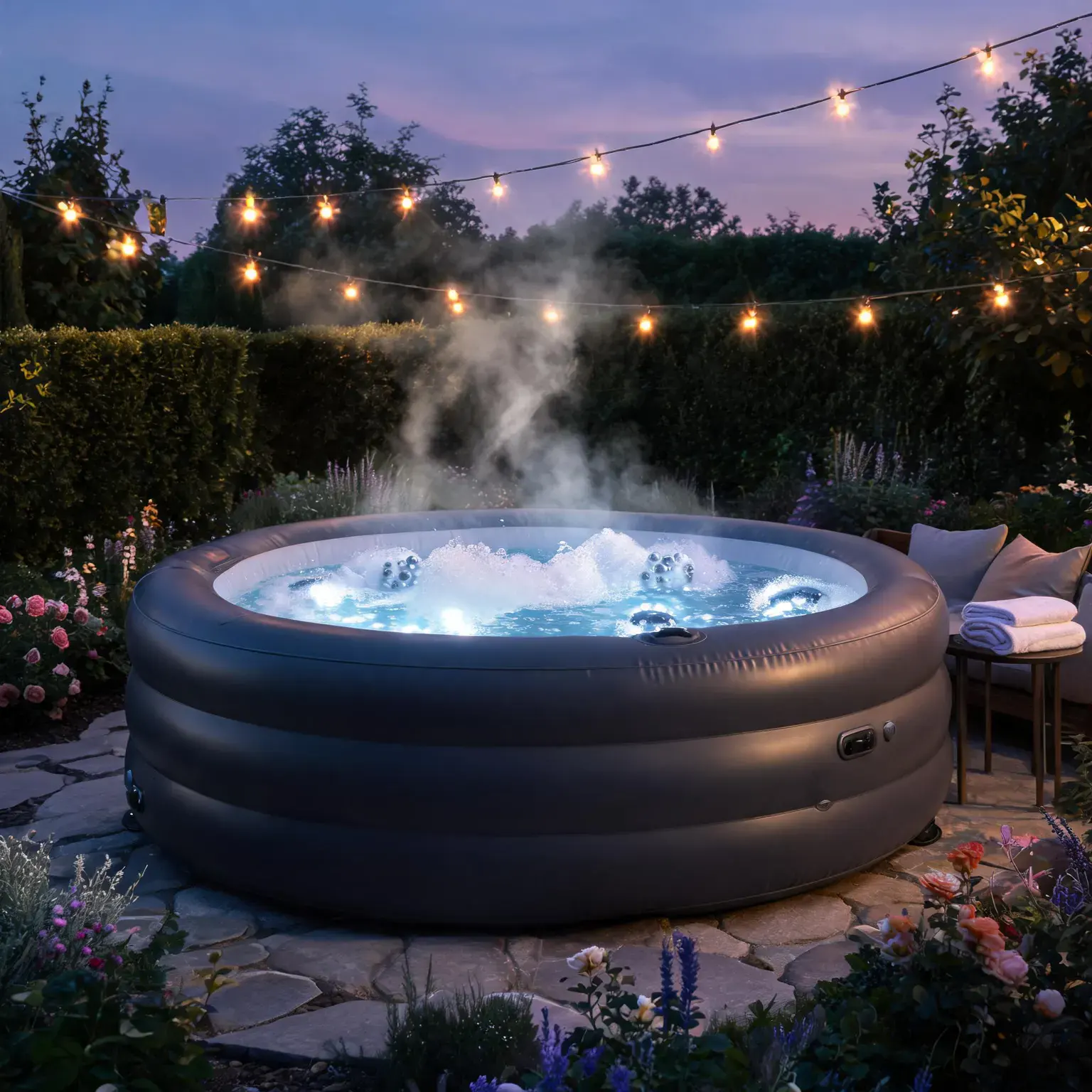 best inflatable hot tubs 2026 - backyard inflatable spa with bubble jets at dusk