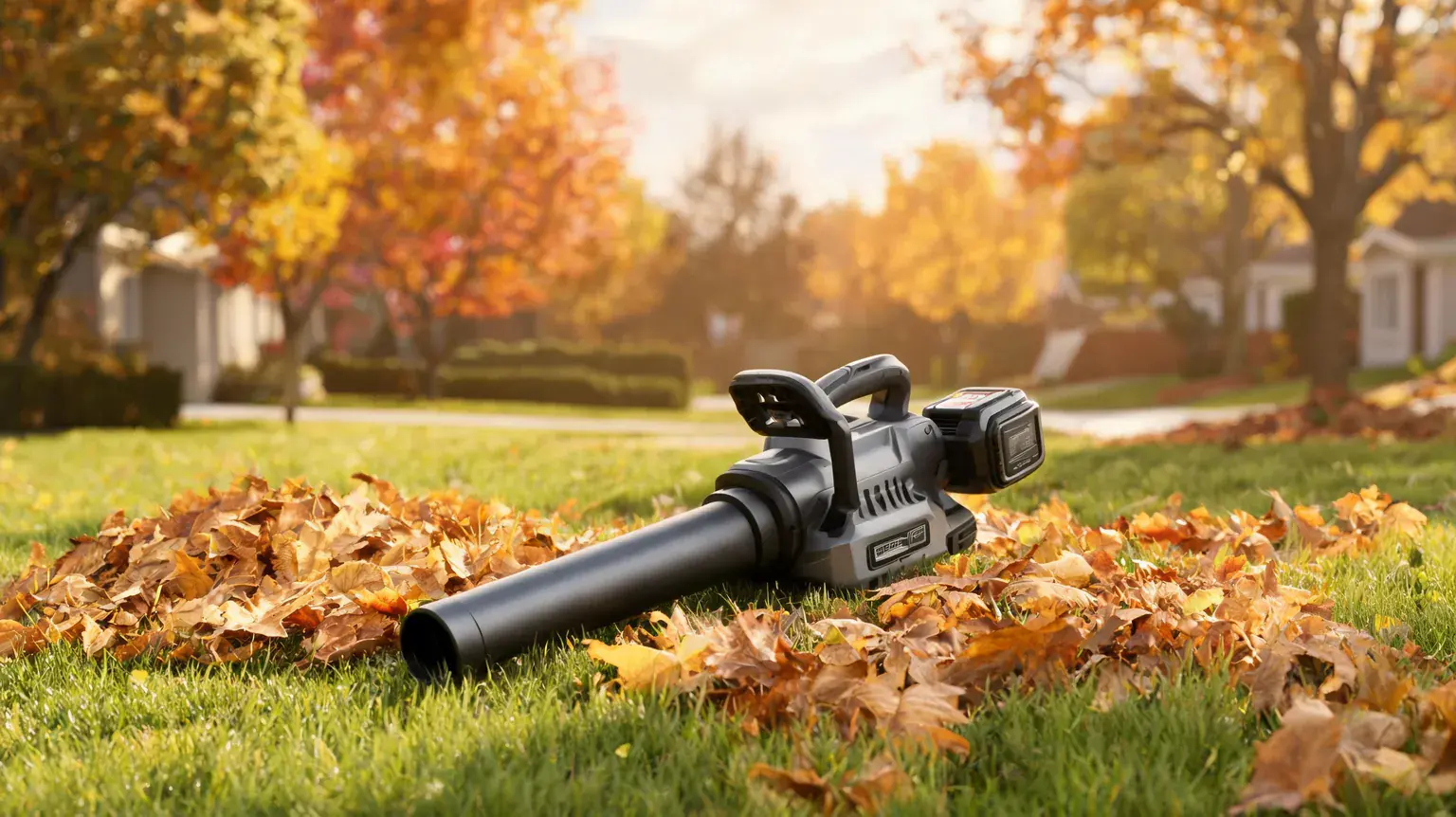 Leaf blower on grass with fallen leaves in autumn.