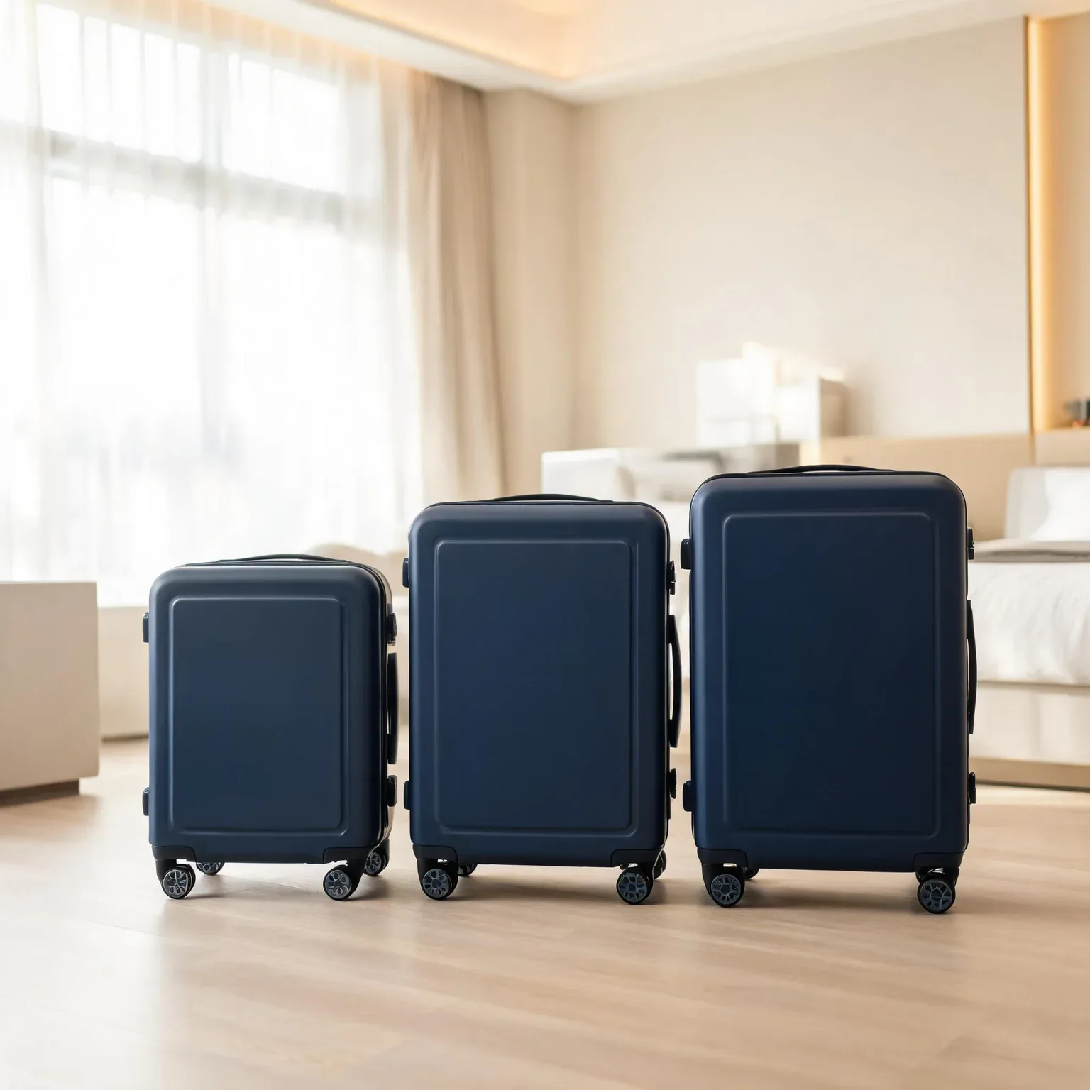 Three blue hardshell luggage sets of different sizes lined up in a hotel room.