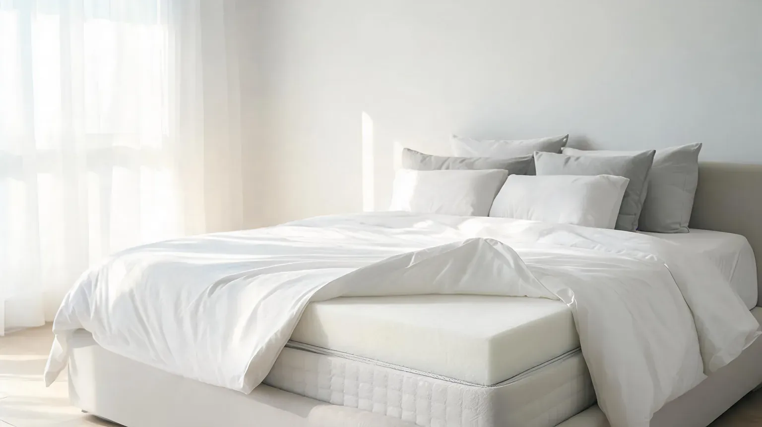 Best mattress toppers of 2026 - a neatly made queen bed with white bedding in a bright, minimalist bedroom