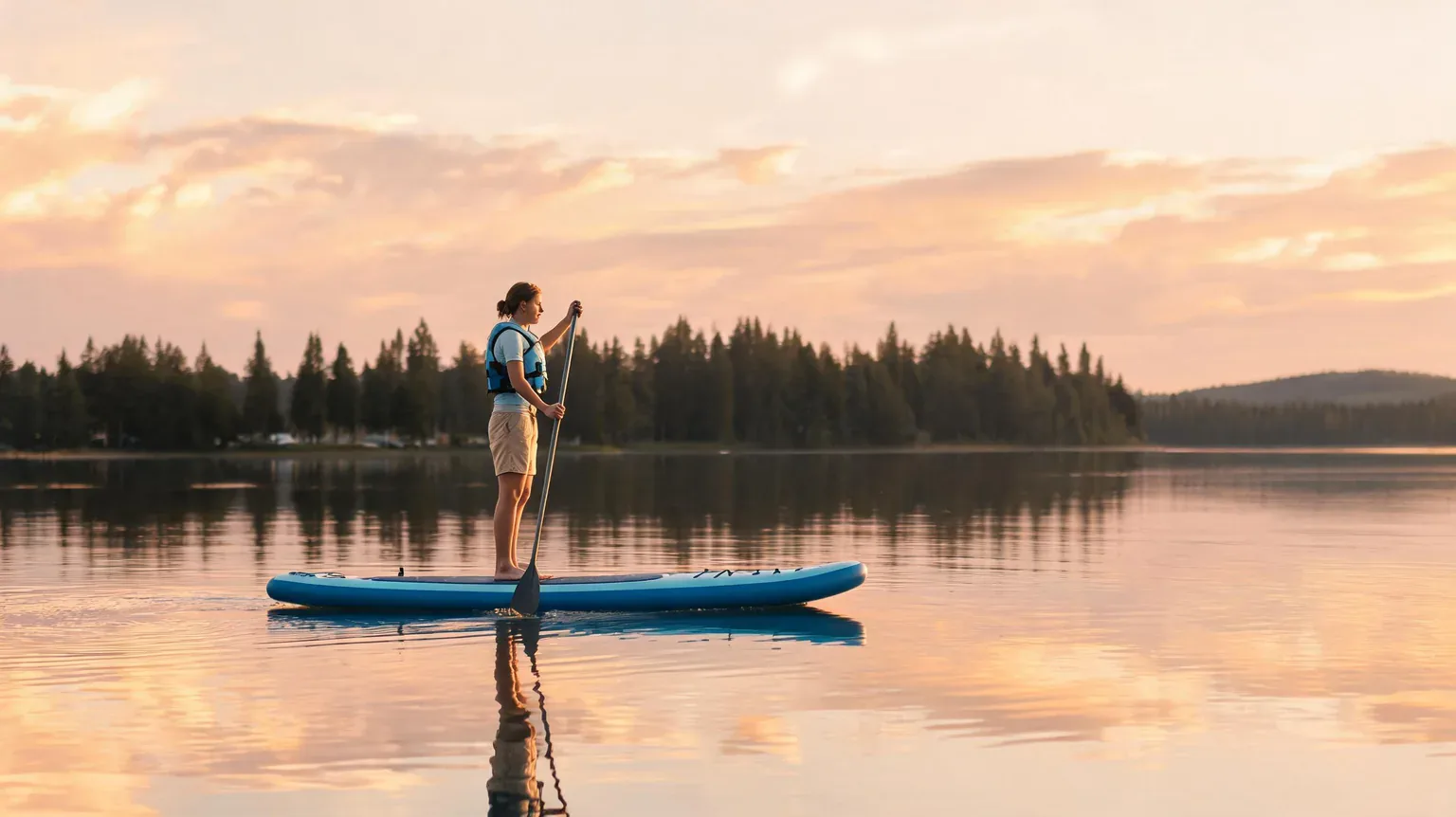 best paddle boards 2026 - a beginner paddling an inflatable stand up paddle board on a calm lake at golden hour