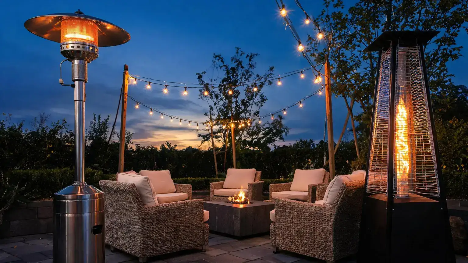 Best patio heaters 2026 lineup glowing on a backyard deck at dusk with warm flame light