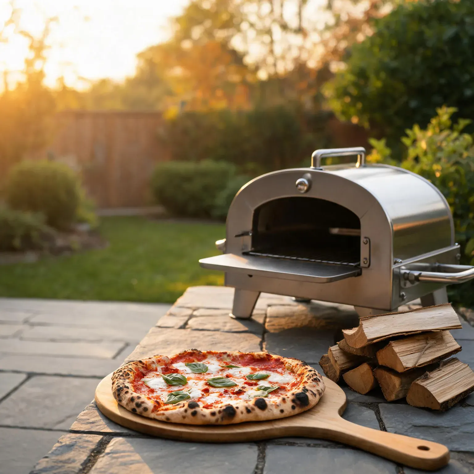 Stainless steel outdoor pizza oven with a freshly baked pizza on a wooden paddle.