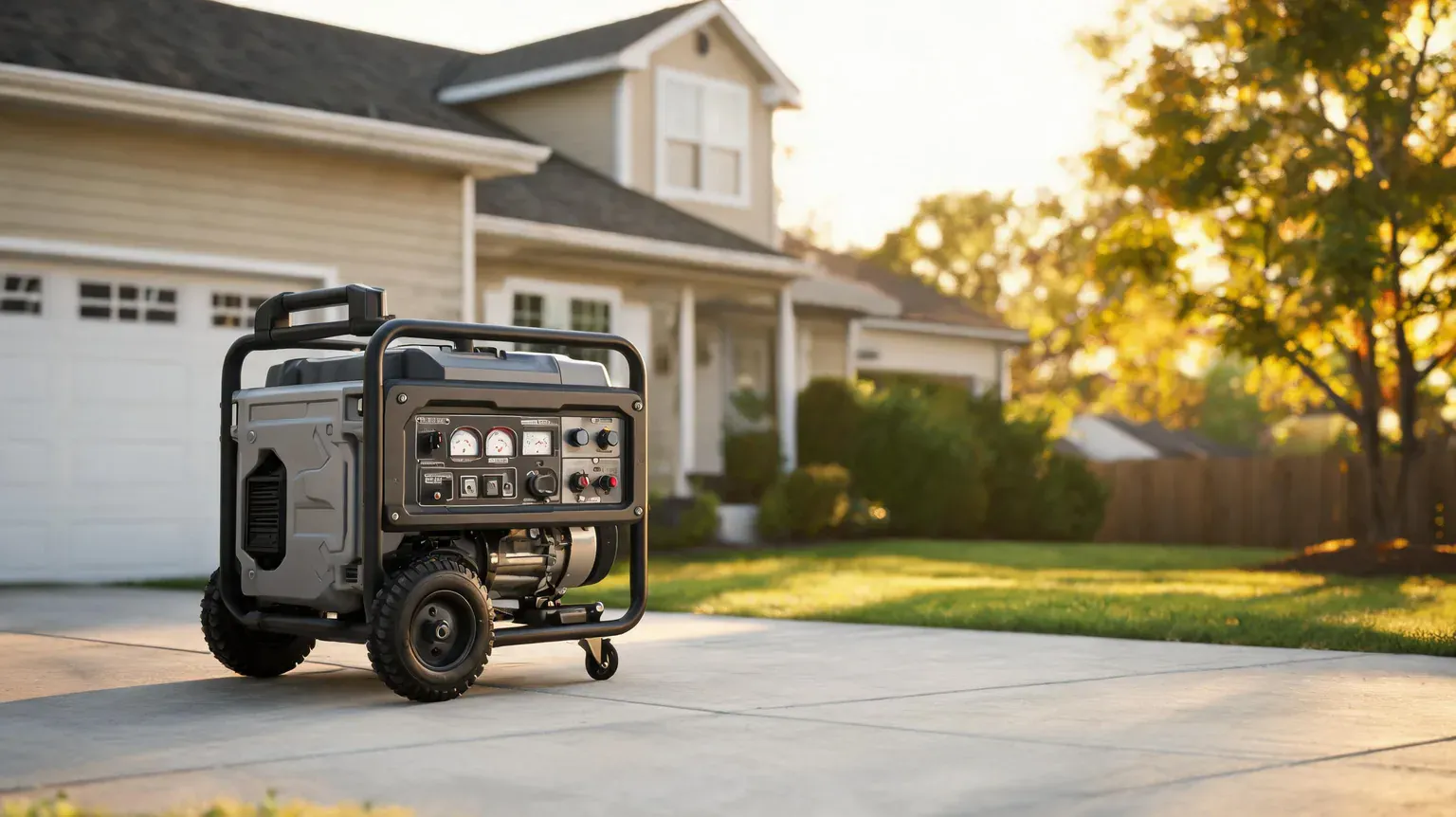 Portable generator on driveway in front of house during sunset.