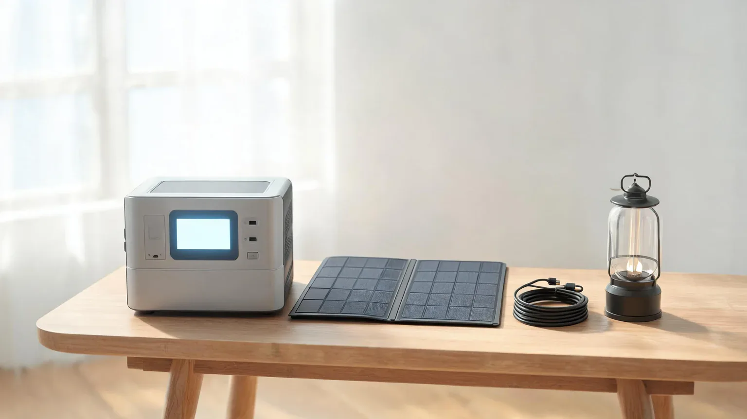best portable power stations 2026 - a compact battery backup power station beside a folding solar panel on a workbench