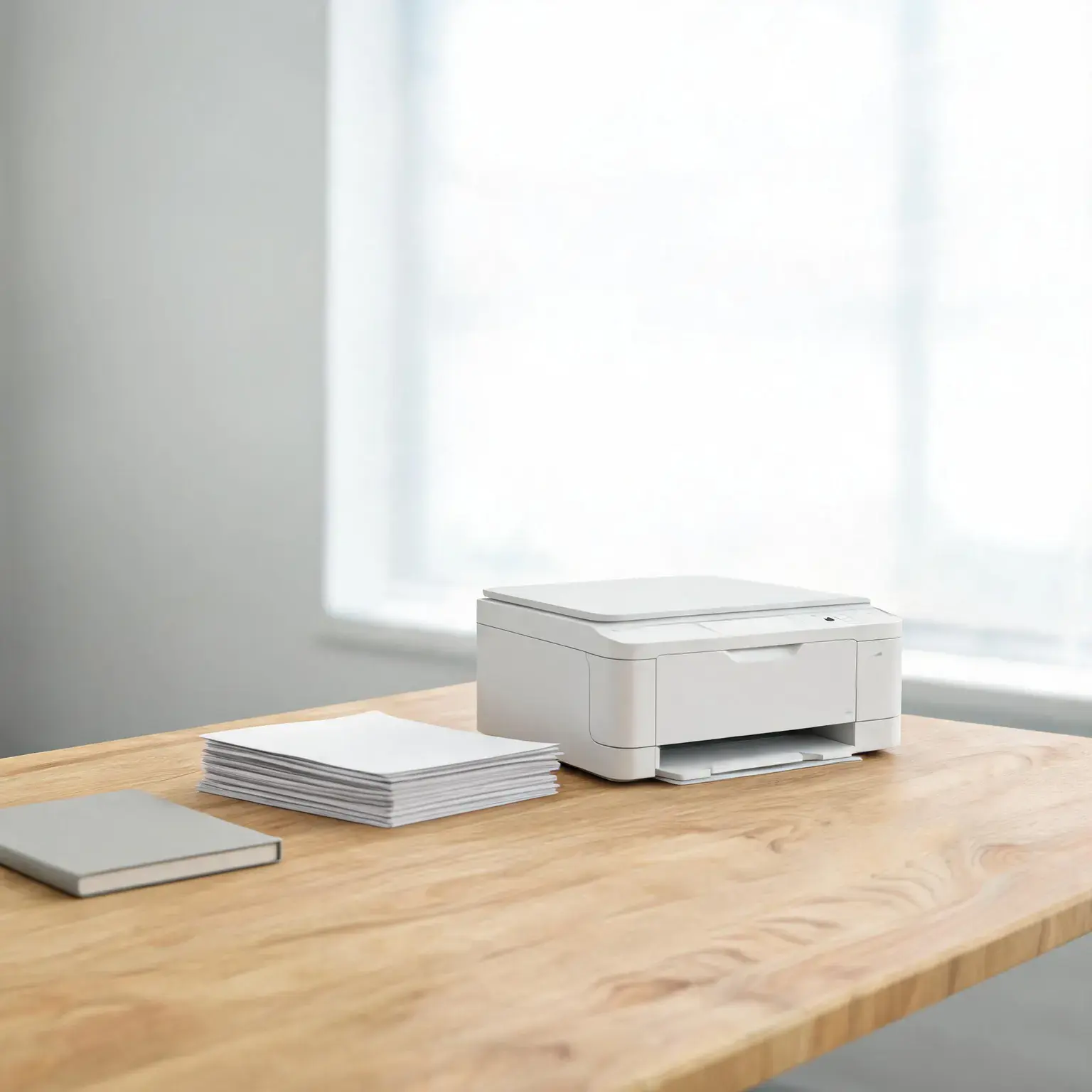 Wireless printer on wooden desk with paper and notebook in bright office.