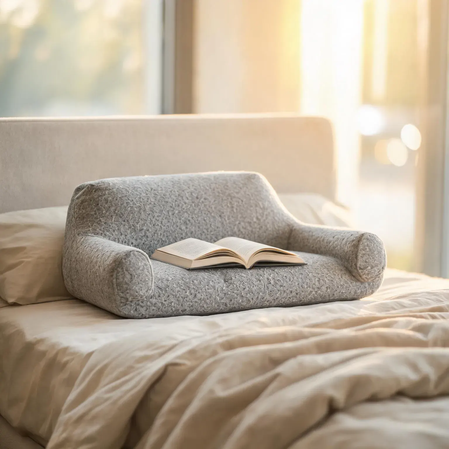 Grey shredded memory foam reading pillow with armrests propped against a bed headboard - best reading pillows 2026