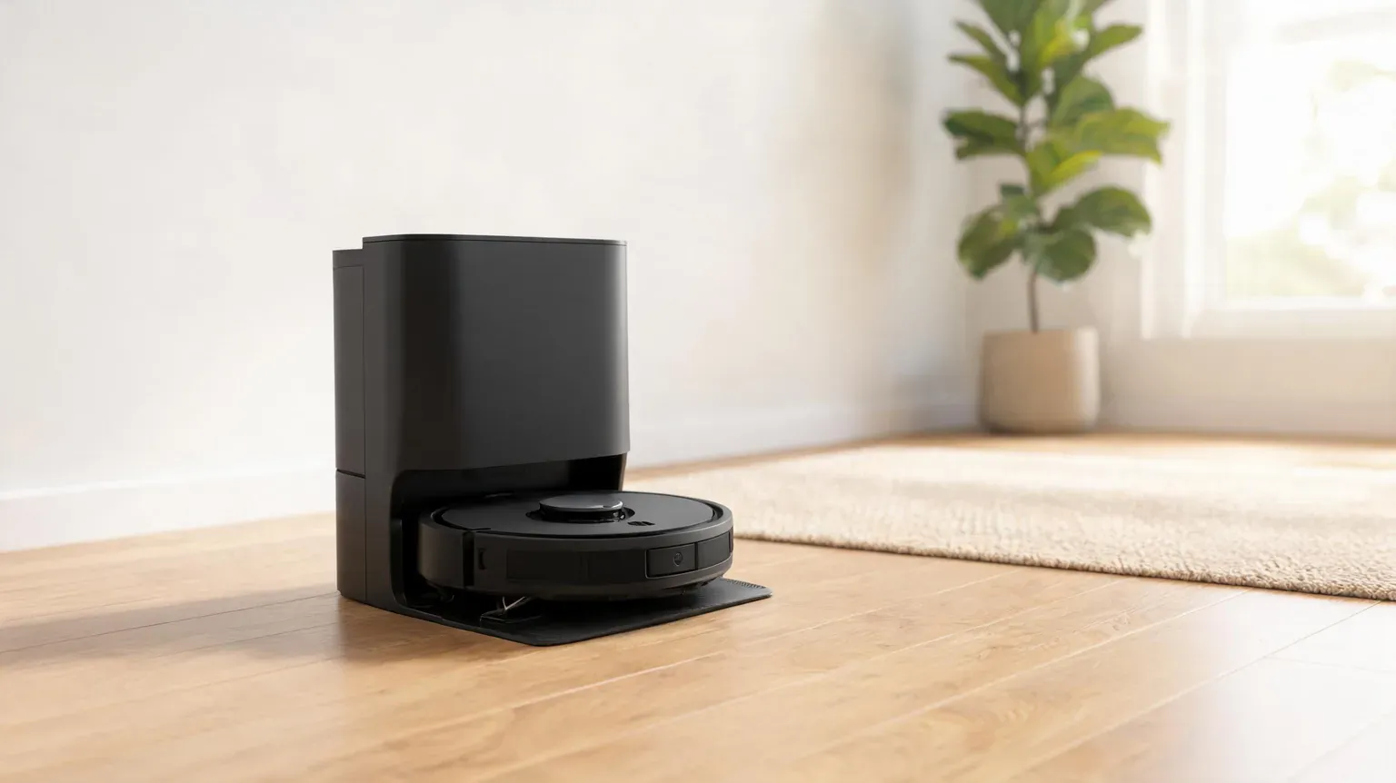 Best robot vacuums of 2026 - a matte black robot vacuum docked on its self-emptying station on light oak hardwood flooring in a bright living room
