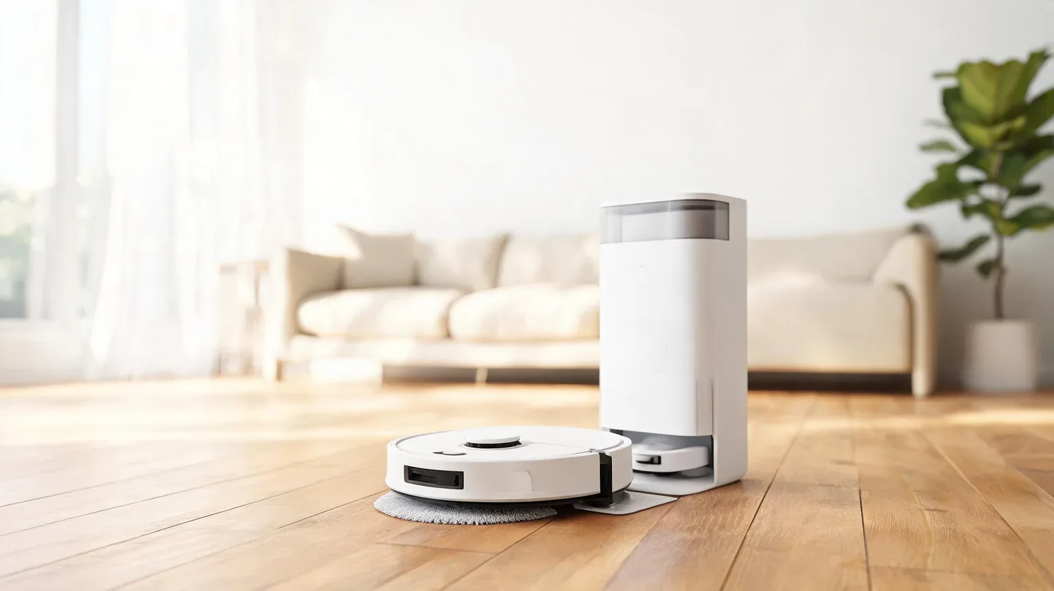 best robot vacuums 2026 - a white robot vacuum and mop docked at its self-emptying station on light oak hardwood flooring in a bright modern living room