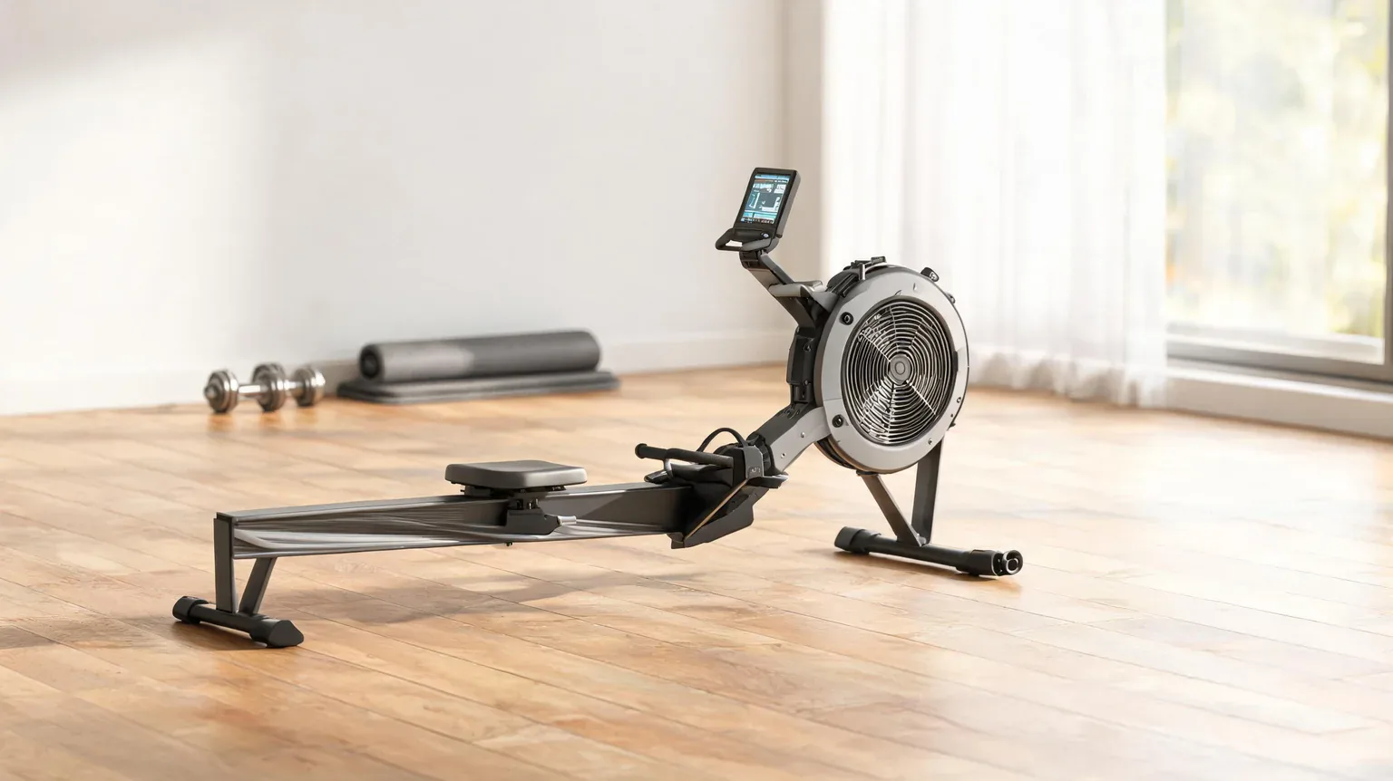 Modern indoor rowing machine with digital monitor on wooden floor.