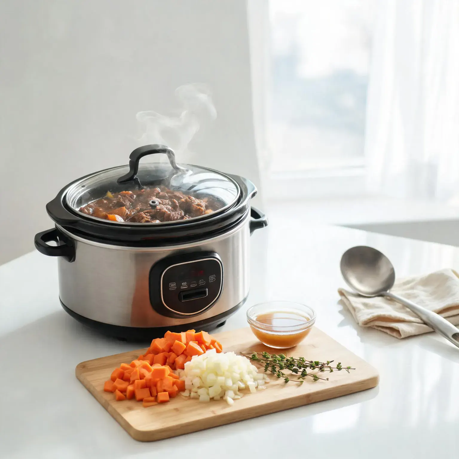 Best slow cookers of 2026 - a stainless steel slow cooker filled with beef stew on a kitchen counter surrounded by chopped carrots, onion and fresh thyme