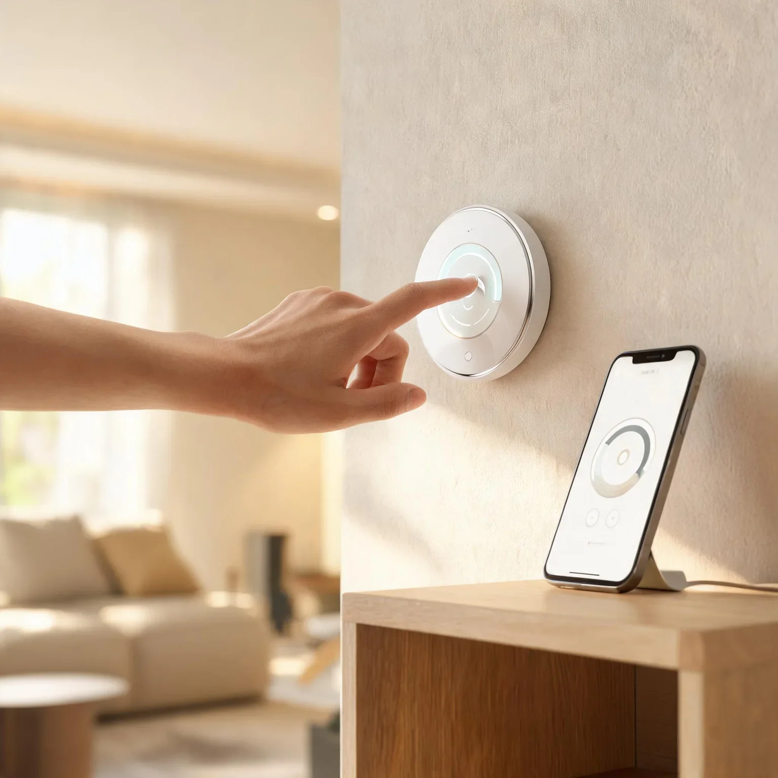 Person pressing smart home security control panel on wall.
