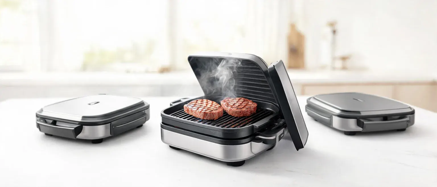Electric grill and sandwich maker with grilling plates and steam vents.