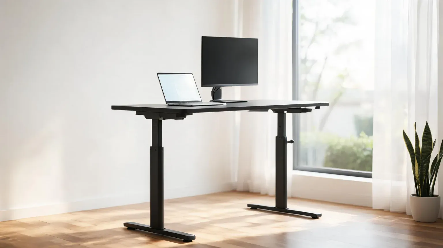 Adjustable standing desk with laptop and monitor in bright room.