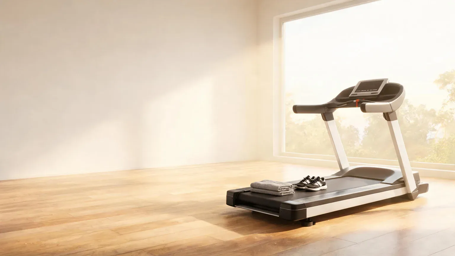 Best treadmills for running 2026 - a modern home treadmill in a bright gym beside running shoes, a towel and a water bottle