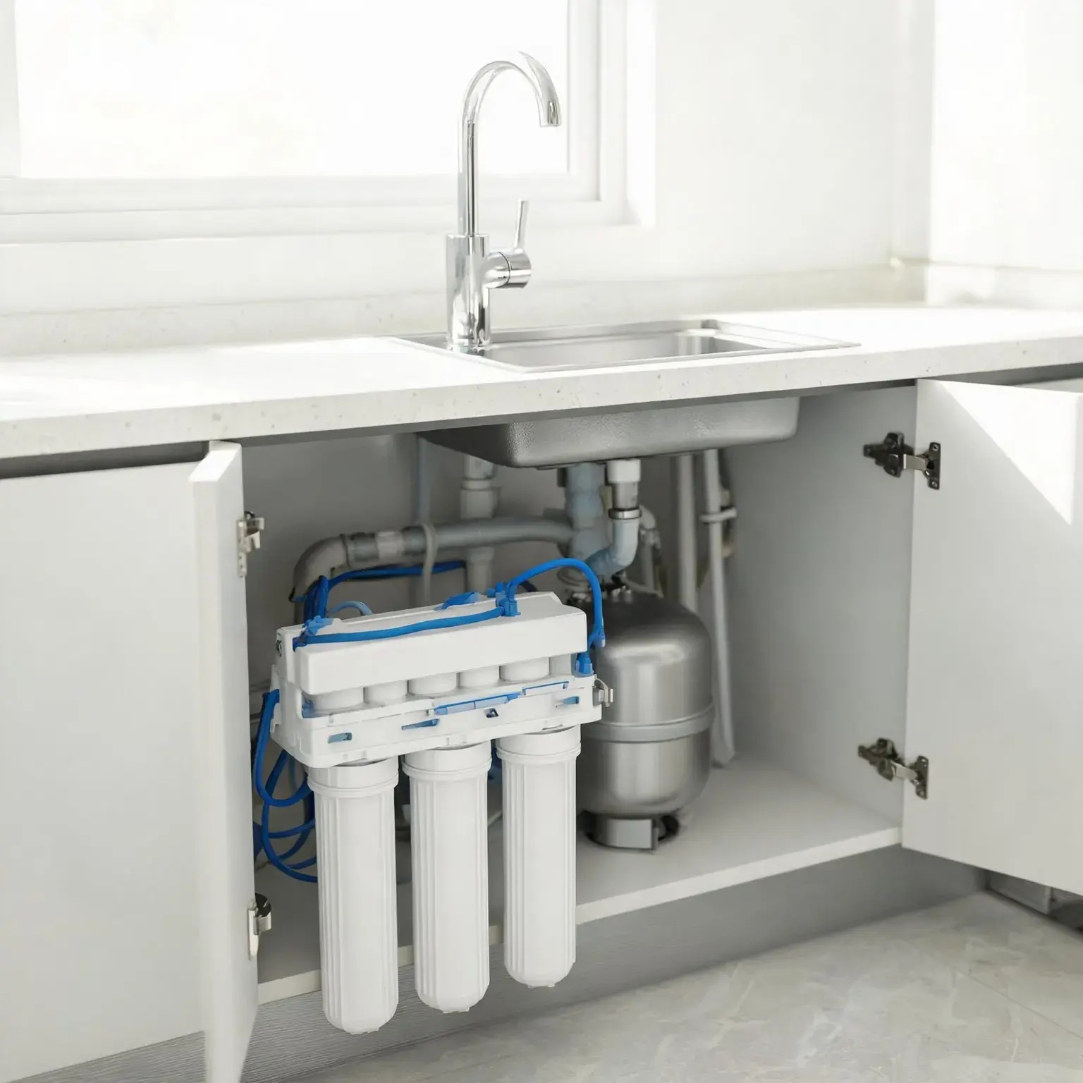 Under-sink water filtration system with filters and pipes in kitchen cabinet.