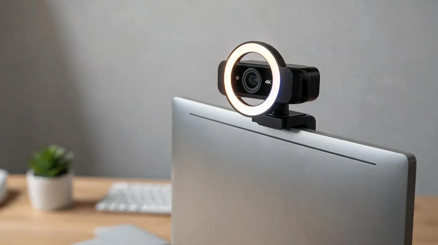 best webcams with ring light 2026 - a black 4K webcam with an illuminated built-in ring light clipped to a slim computer monitor on a tidy home-office desk