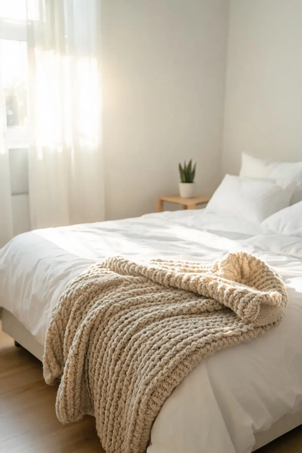 Bright bedroom with white bedding and a chunky knitted blanket on the bed.